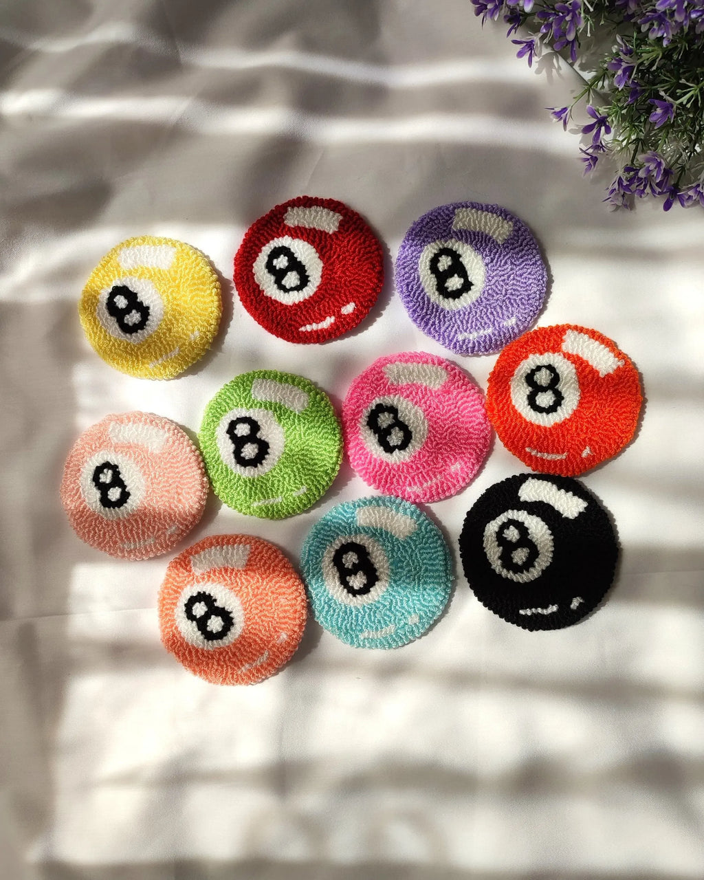 Handmade 8-Ball Car Coaster Set | Tufted Punch Needle Cup Holder Accessories