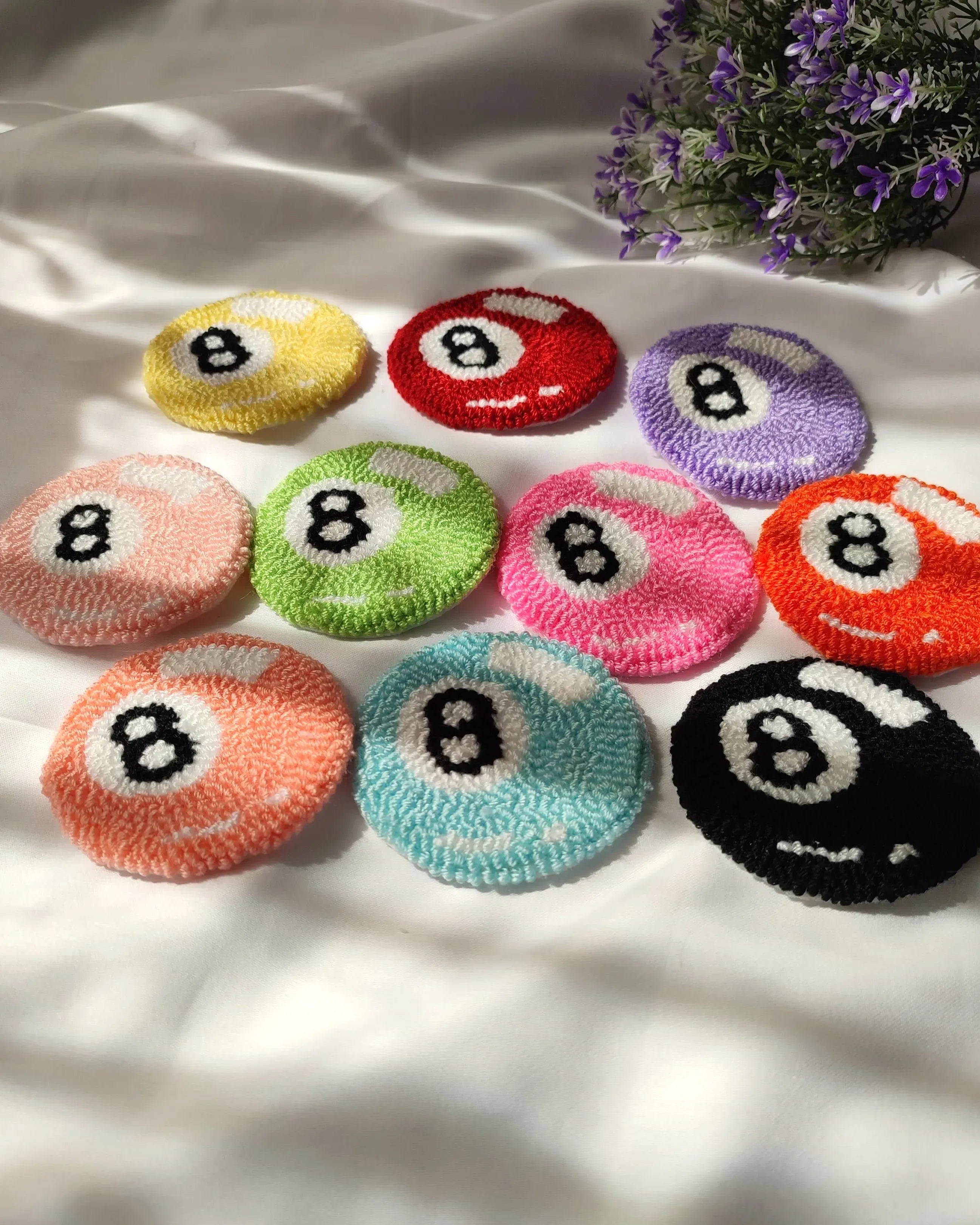 Handmade 8-Ball Car Coaster Set | Tufted Punch Needle Cup Holder Accessories