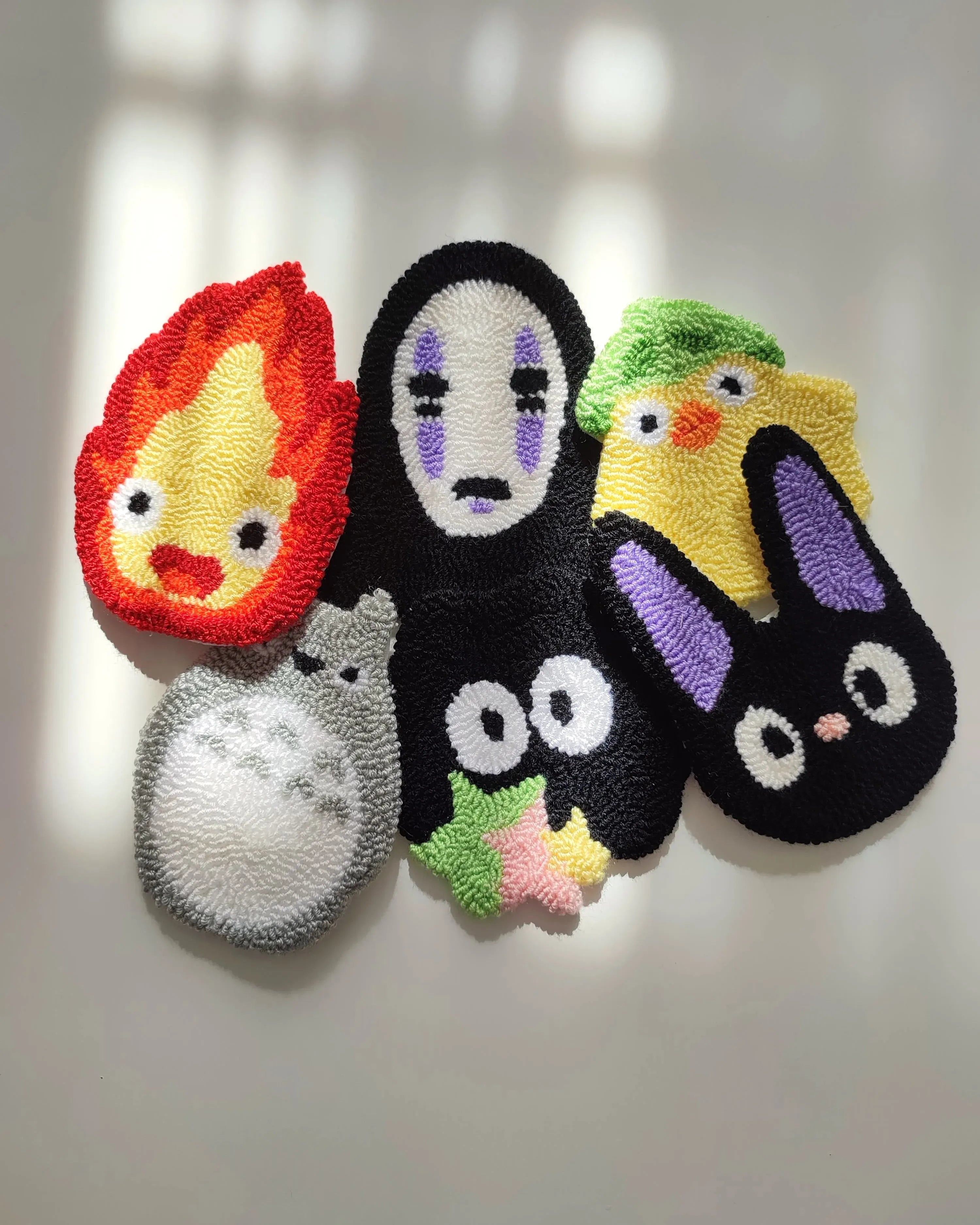 Anime Punch Needle Coaster, Handmade Mug Rug, Tufted Drink Mat, Kawaii Room Decor, Japanese Style Gift, Handmade Forest Spirit & Black Cat