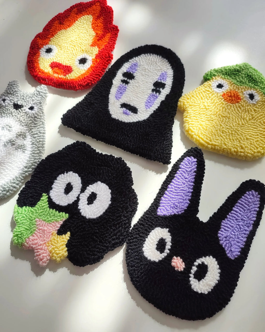 Anime Punch Needle Coaster, Handmade Mug Rug, Tufted Drink Mat, Kawaii Room Decor, Japanese Style Gift, Handmade Forest Spirit & Black Cat