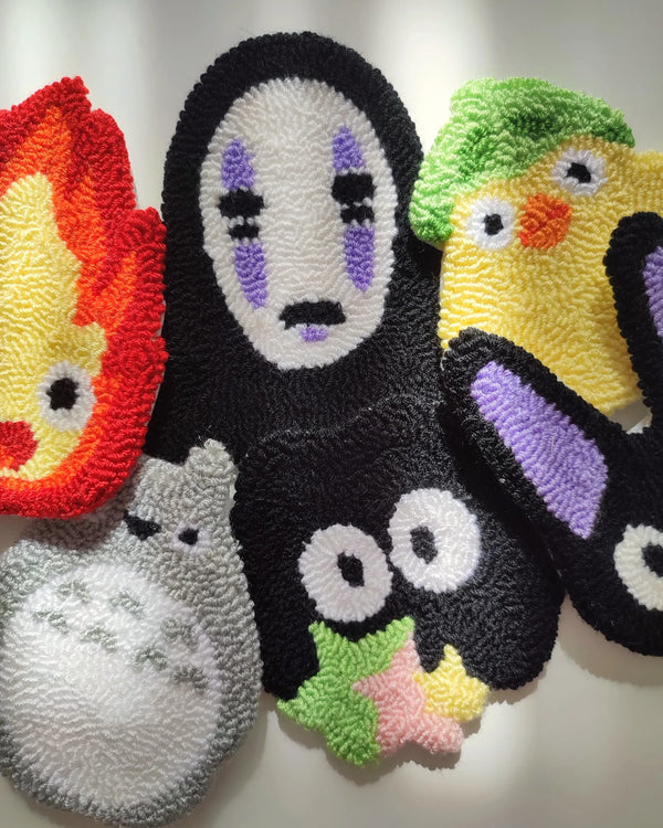 Anime Punch Needle Coaster, Handmade Mug Rug, Tufted Drink Mat, Kawaii Room Decor, Japanese Style Gift, Handmade Forest Spirit & Black Cat